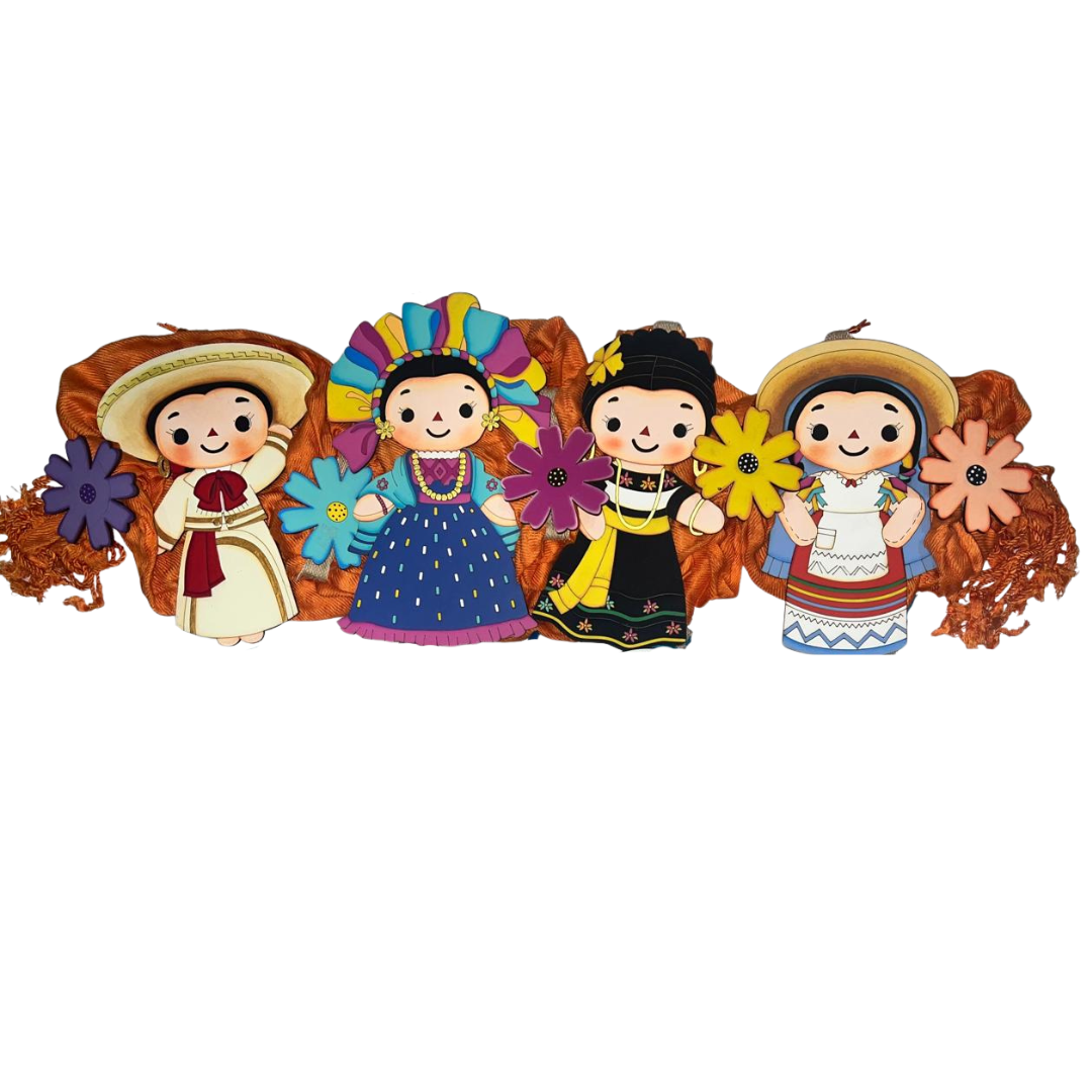 Rebozo con 4 Muñequitas Leles – Trajes Típicos de México