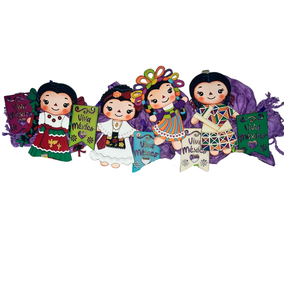 Rebozo con 4 Muñequitas Leles – Trajes Típicos de México