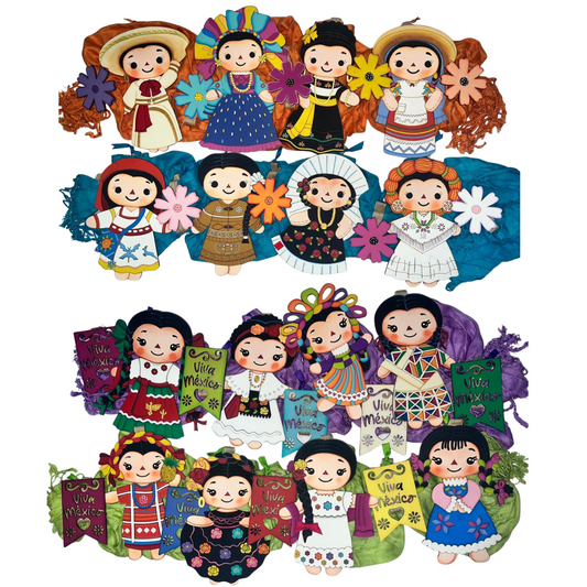 Rebozo con 4 Muñequitas Leles – Trajes Típicos de México