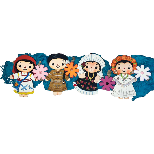 Rebozo con 4 Muñequitas Leles – Trajes Típicos de México