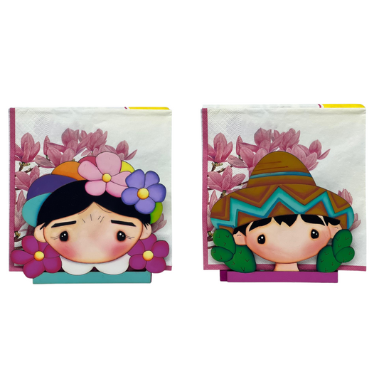 Servilletero de Mesa Frida y Niño con Nopales  (Doble vista)- Pieza única