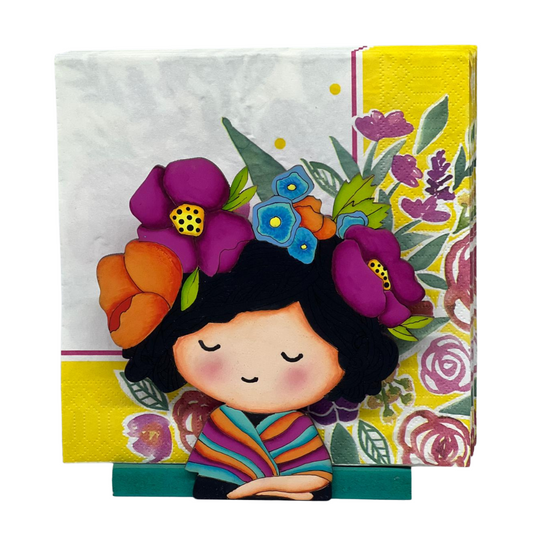 Servilletero de Mesa Muñeca Niña Flores en la Cabeza - Pieza única